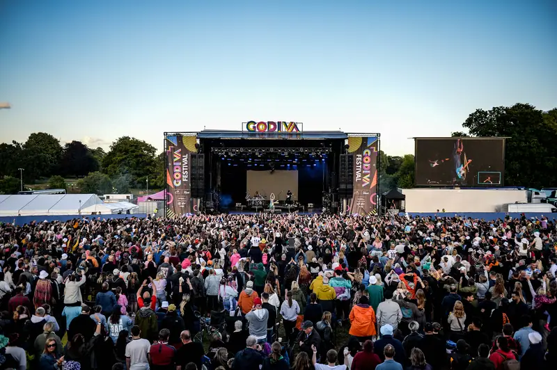 The main stage and crowd at Godiva Festival in Coventry