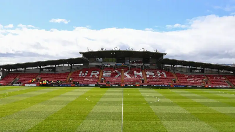 The pitch and main stand at Wrexham’s Racecourse Ground