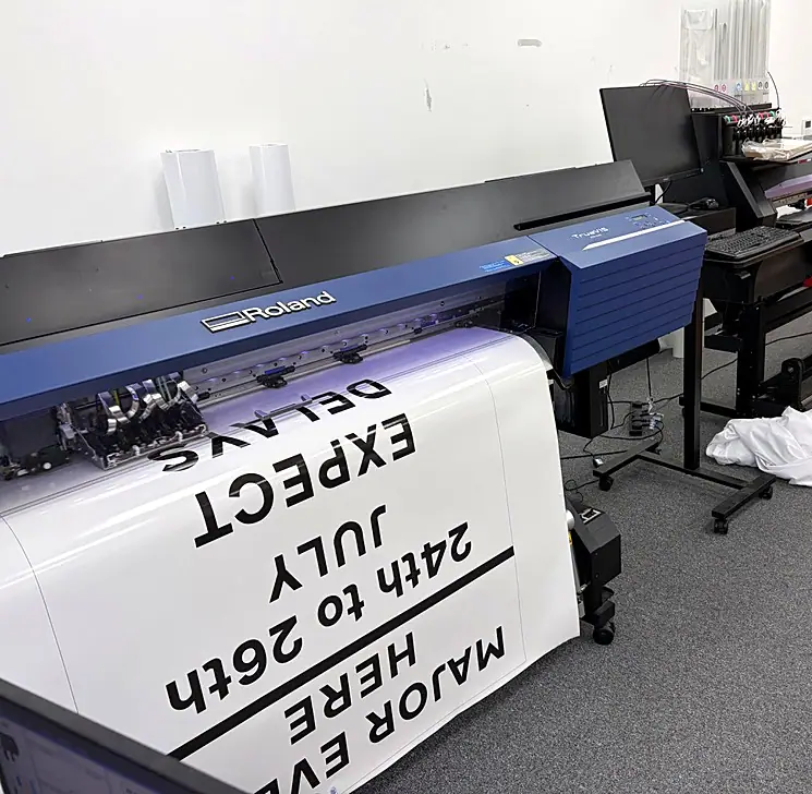 A large-format printer printing an event road sign that reads Major event here, expect delays