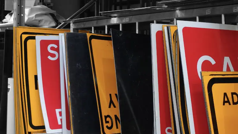A stack of Chapter 8 road signs ready for an event