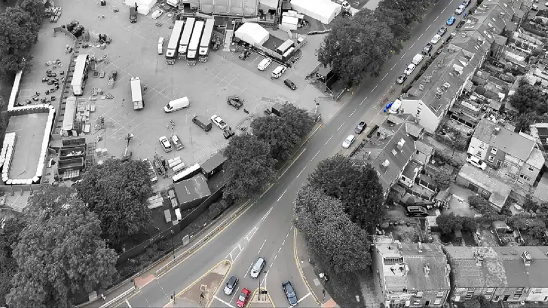 An aerial view of a town centre event site and the streets around it
